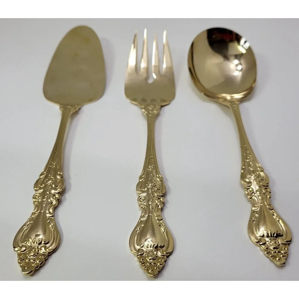 Royal Sealy Gold Plated Stainless Steel Flatware 3 Pc Hostess Set Japan Vintage